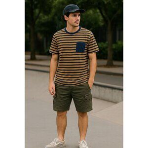Distortion Striped Pocket T-Shirt L Navy Orange Yellow Retro Skater Streetwear T